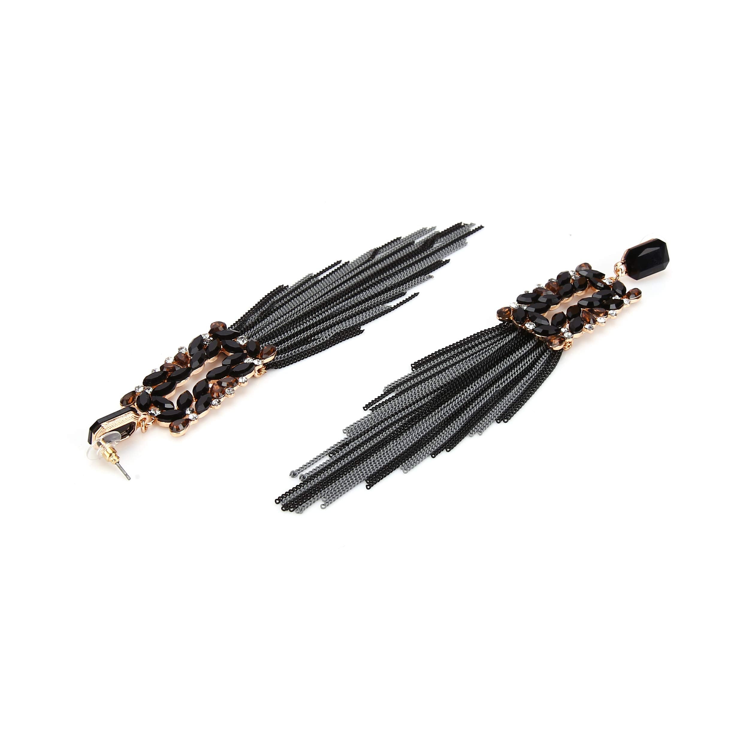 YouBella Jewellery Gifts Stylish Latest Western Ear rings Gold Plated Crystal Handmade Tassel Long Earrings for Girls and Women (Black)