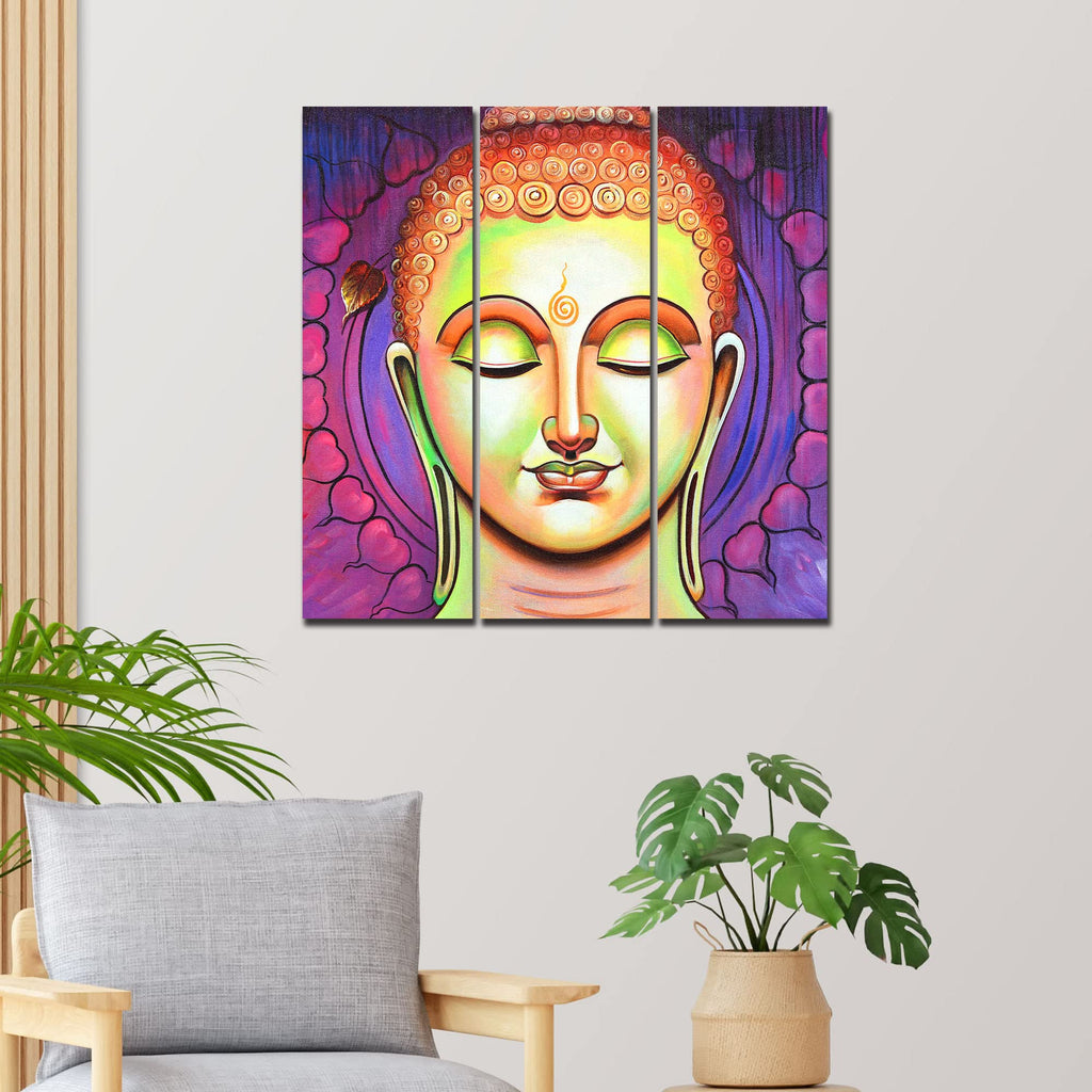 VIBECRAFTS Buddha Meditating 3 Pieces Canvas Wall Painting Fitted With Wooden Frame For Home | Office | Living Room | Gifts (PTVC3Pcs1_9594)