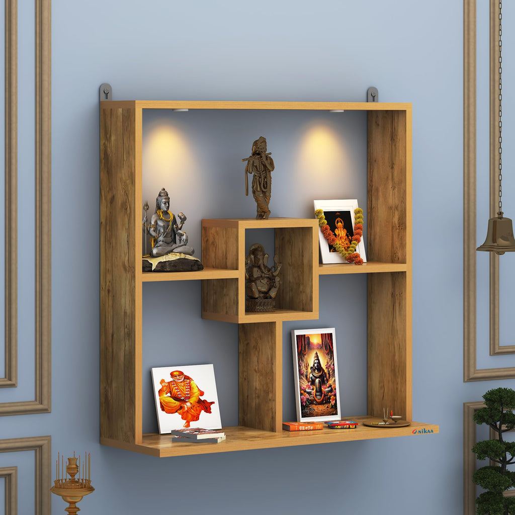 Anikaa Shelly LED Light Wall Mounted Hanging Puja Temple Shelf Stylish Wood God Stand for Pooja Room Mandir Stand for Temple (Giantwood) D.I.Y (Giantwood)