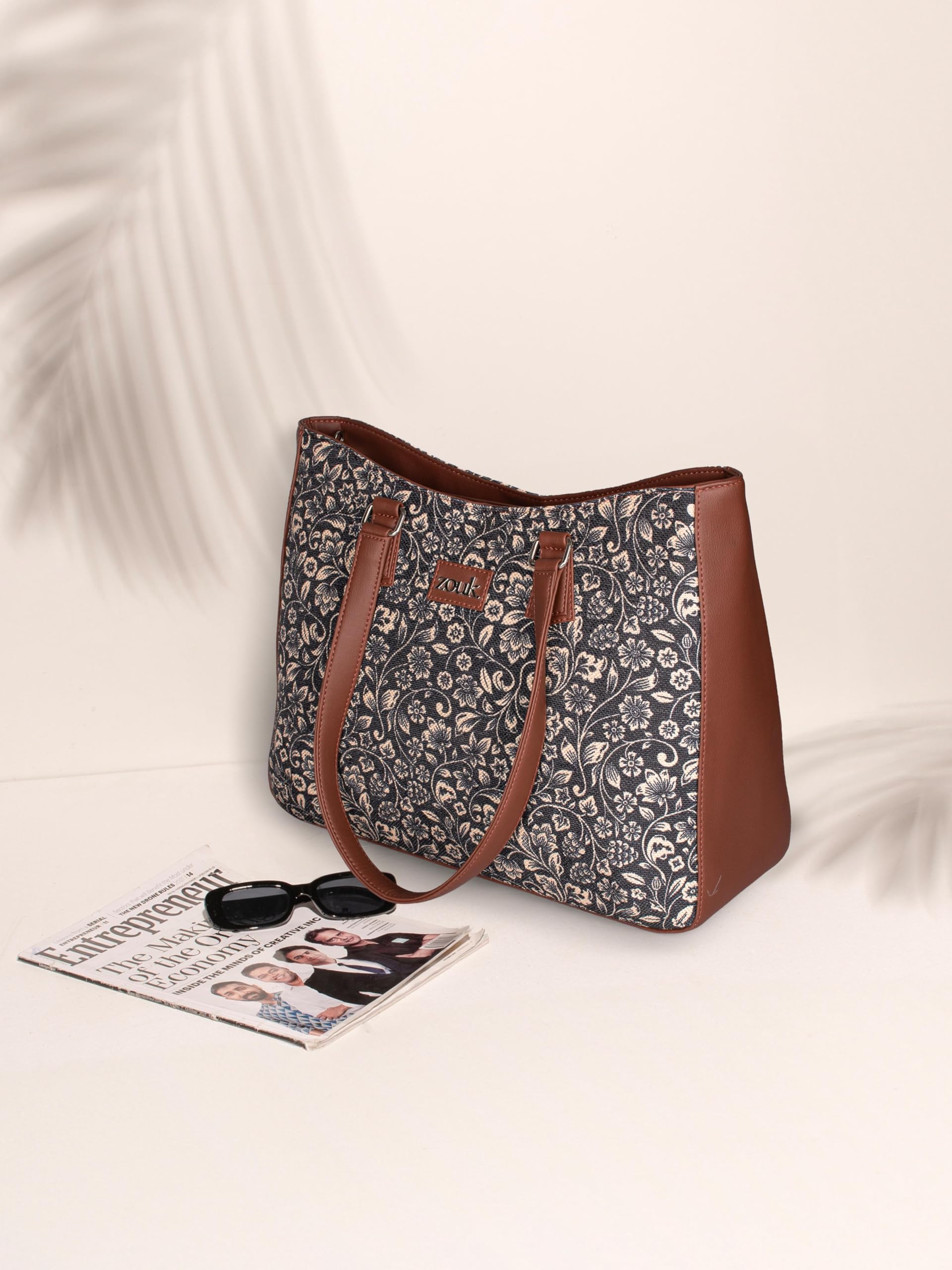 ZOUK FloMotif Getaway Handbag | Jute | Vegan Leather Handcrafted Tote Bag | Black