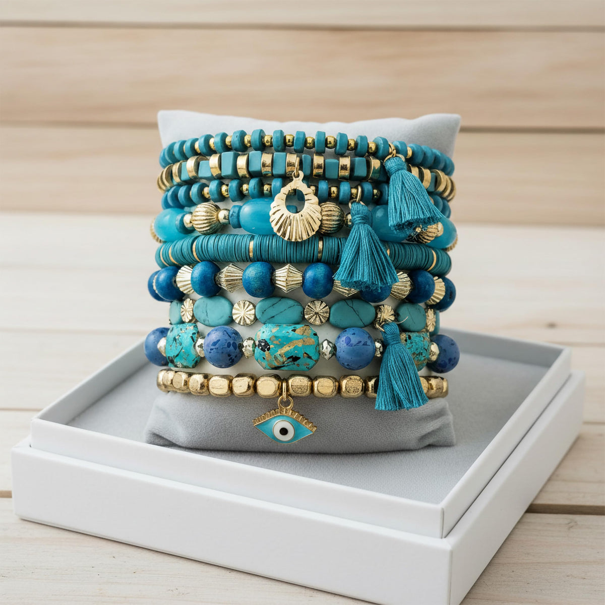 BOHENOOR Bohemian Multicolour Beads Bracelet Set for Women and Girls – Handmade Stackable Stretchable Boho Charm Bracelets for Stylish Looks (Aqua)