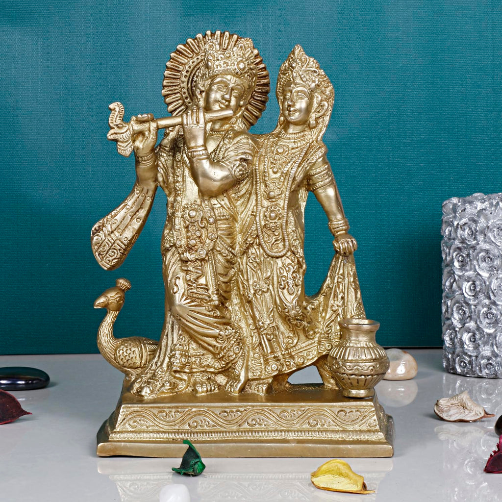 ARTVARKO Brass Radha Krishna Idol Murli Kishan Playing Flute Radha Pital Murti for Home Mandir Decor Marriage Gift 8 Inch