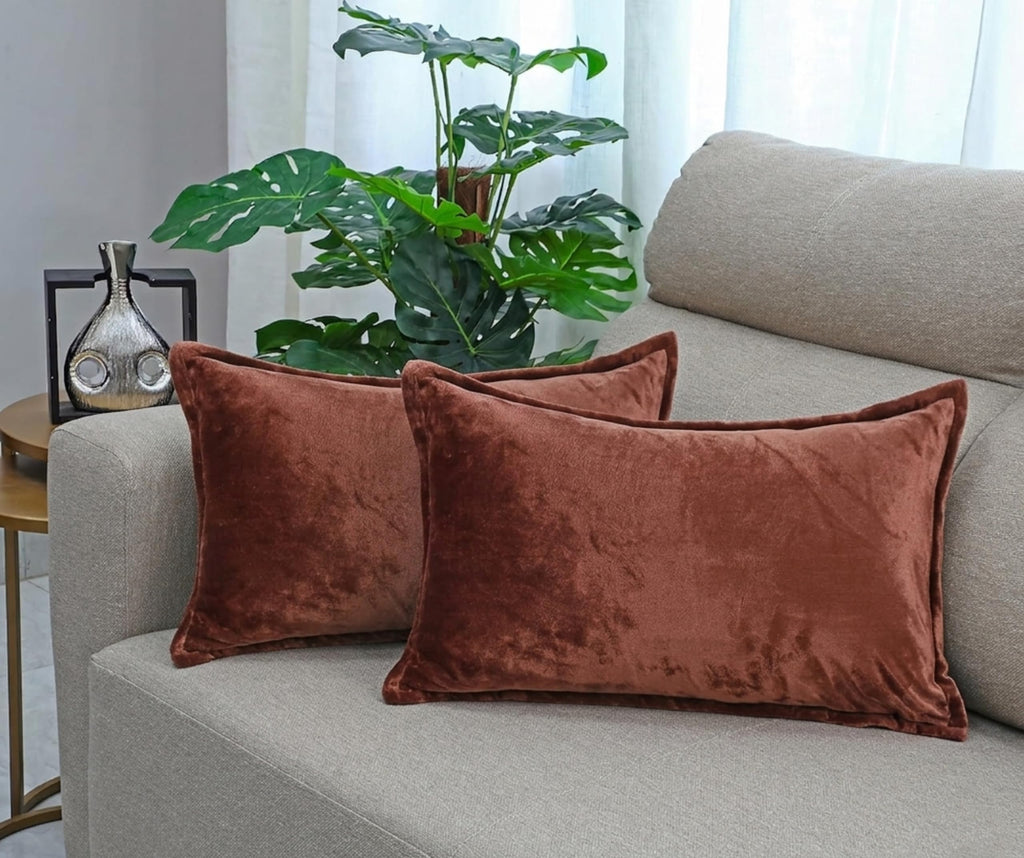 RD TREND® Velvet Cushion Covers Set of 2, Soft Long Cushion Covers 18x28 Inches, Rectangular Decorative Throw Pillowcases for Sofa, Bed & Living Room | Solid Coffee