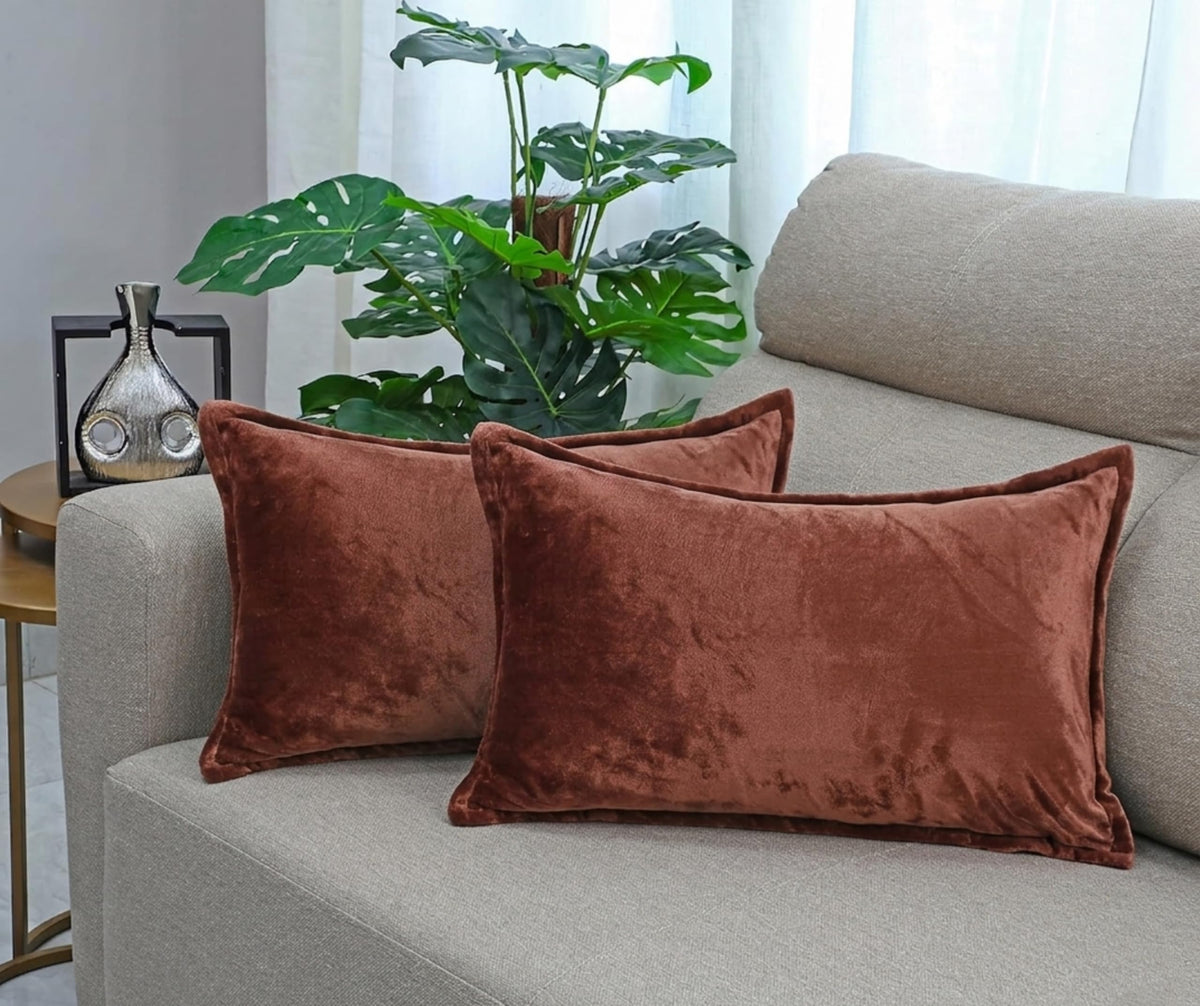 RD TREND® Velvet Cushion Covers Set of 2, Soft Long Cushion Covers 18x28 Inches, Rectangular Decorative Throw Pillowcases for Sofa, Bed & Living Room | Solid Coffee
