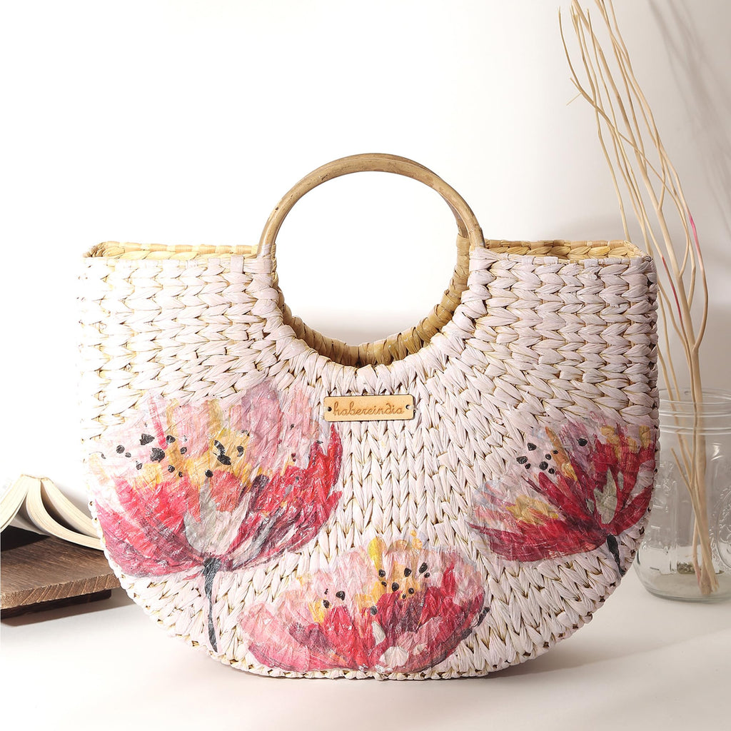 Habere India-All the Cultures Fabricating India Small Tote Bag | Straw Bag | Basket | Beach Bags for Women | Women Handbag | Half Moon Tote Bags (Design 02)