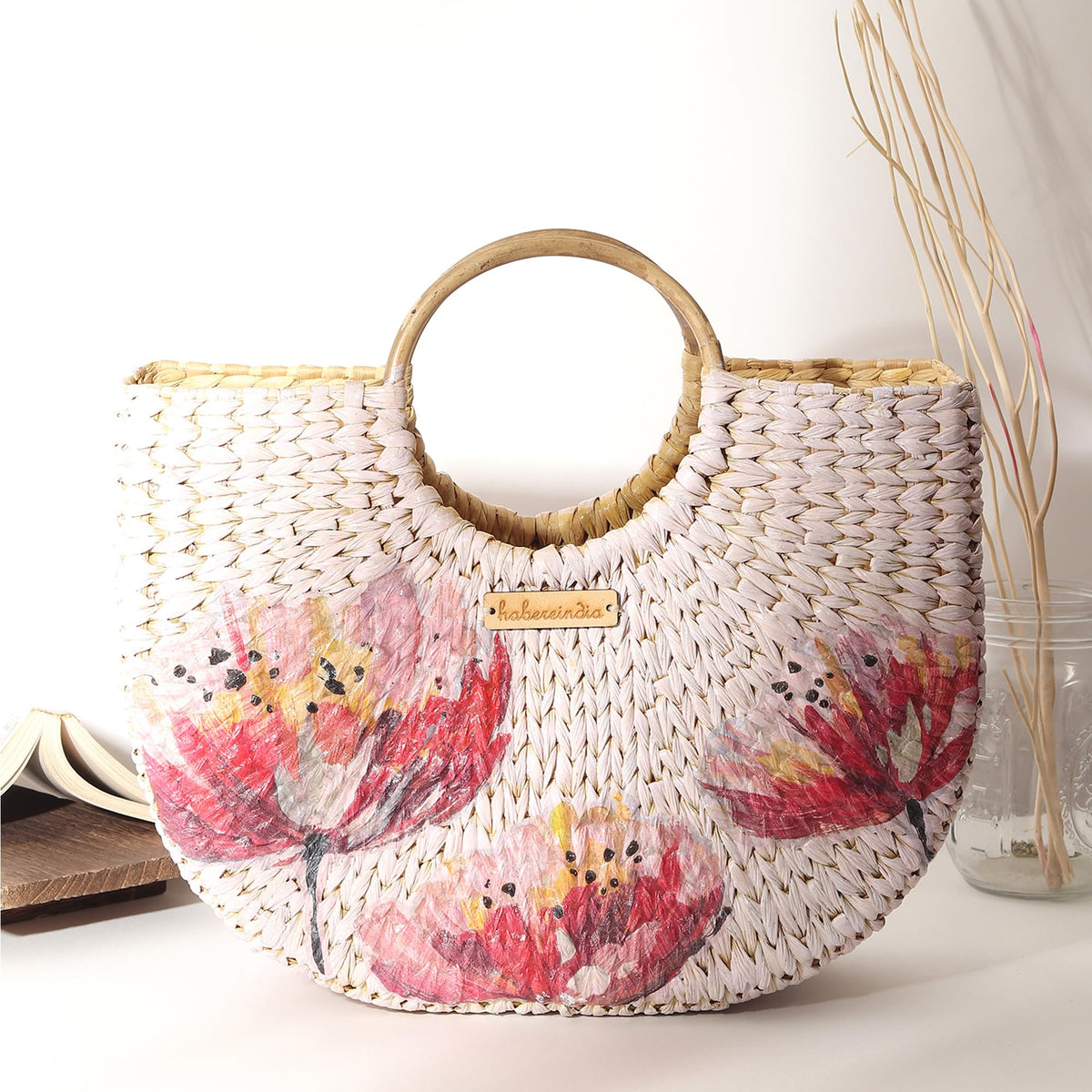 Habere India-All the Cultures Fabricating India Small Tote Bag | Straw Bag | Basket | Beach Bags for Women | Women Handbag | Half Moon Tote Bags (Design 02)