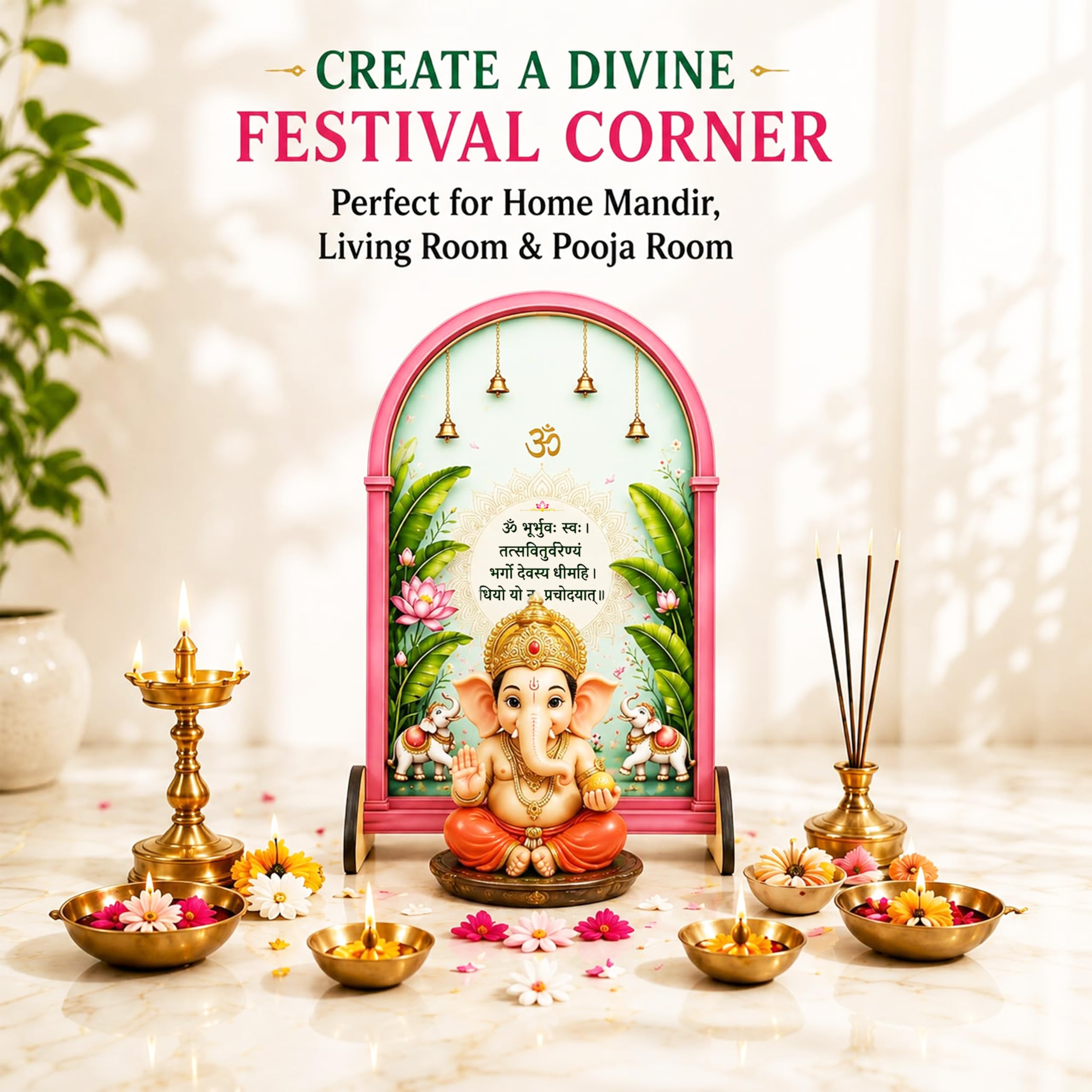 Ganpati Decoration Setup for Home, 1 Piece Freestanding Ganesh Festival Backdrop for Idol, Easy DIY Pooja Mandap Decor, Suitable for up to 12 Inches Ganpati Backdrop Stand & Home Temple