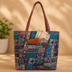 Women's Ethnic Printed Combo Tote Bag & Sling Purse Set with Multiple Zip Compartments, Leather Handles, Adjustable Strap, Spacious Shoulder Carry Handbag for Office, College,Travel & Daily Use (Blue)