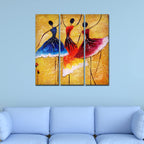 VIBECRAFTS Dancing Women Warli Art 3 Pieces Canvas Wall Painting Fitted With Wooden Frame For Home | Office | Living Room | Gifts (PTVC3Pcs1_9524)