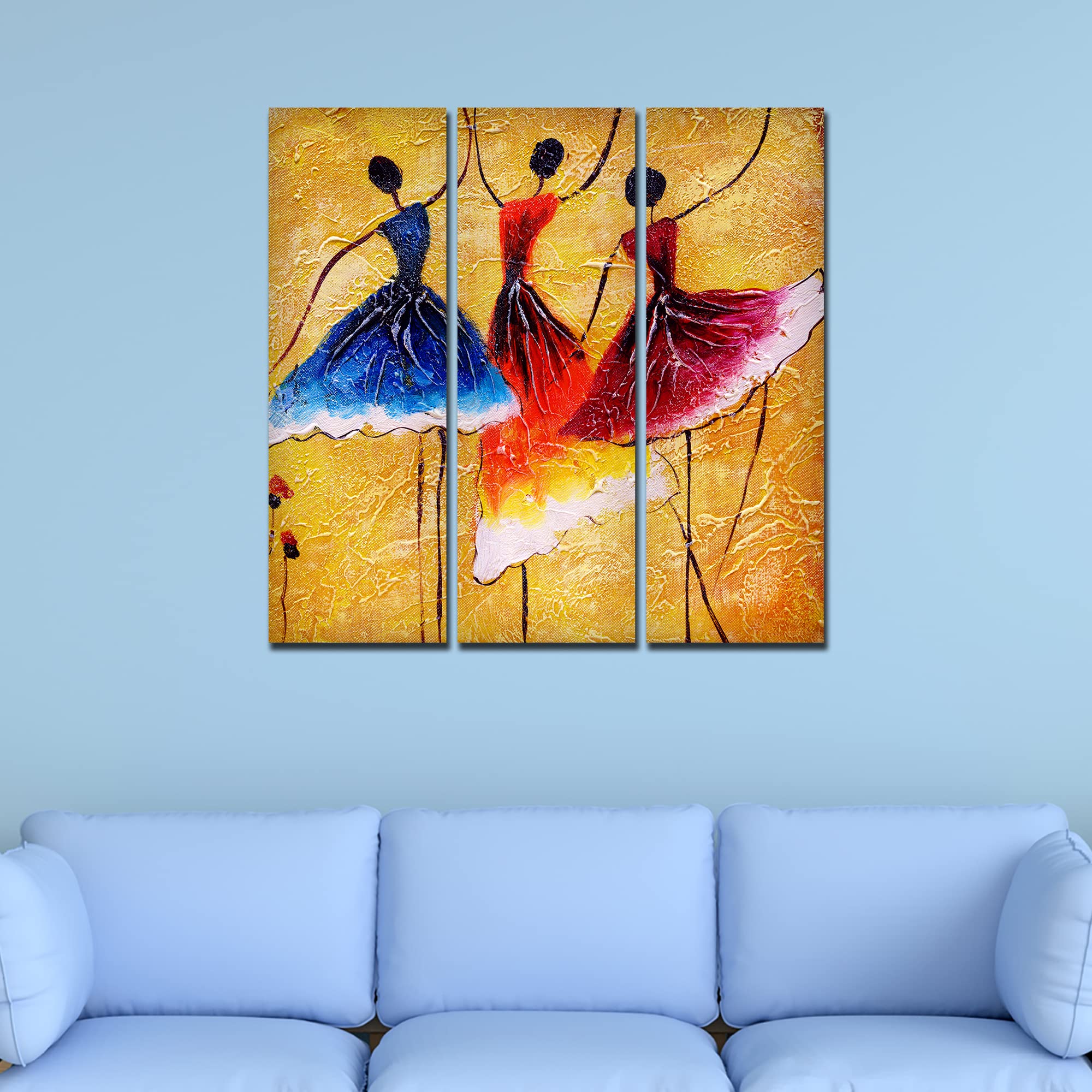 VIBECRAFTS Dancing Women Warli Art 3 Pieces Canvas Wall Painting Fitted With Wooden Frame For Home | Office | Living Room | Gifts (PTVC3Pcs1_9524)