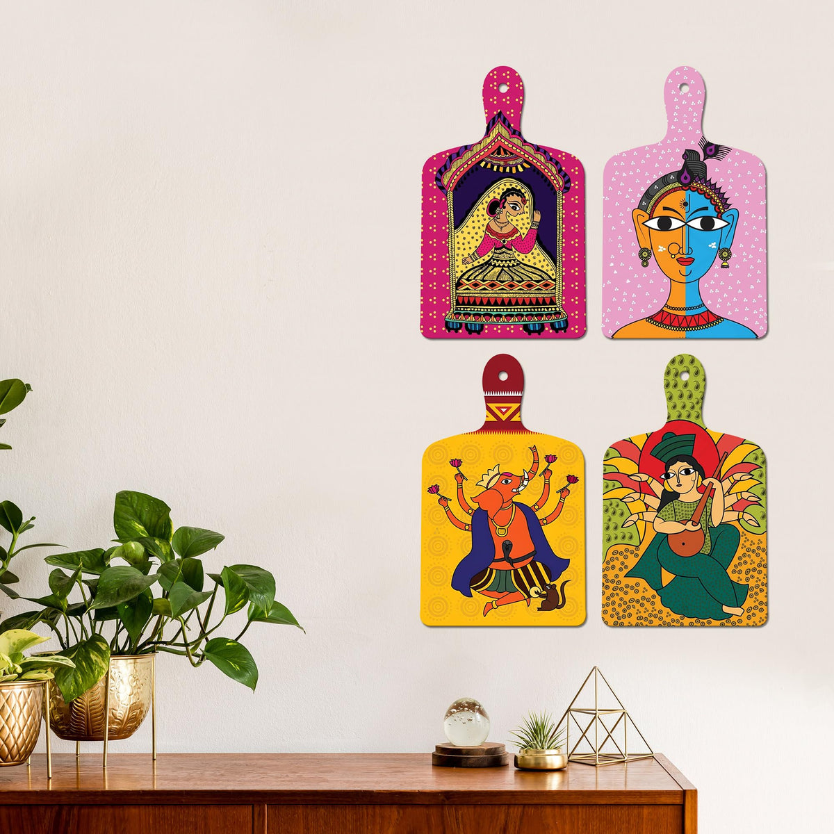 Artvibes Lord Ganesha & Mooshak Raj Ethnic Indian Classical Art Auspicious Wooden Art Work Wall Hanging | Spiritual Decor Items | Paintings | Wall Poster | Unique Gift Items (WH_5641N), Set of 4