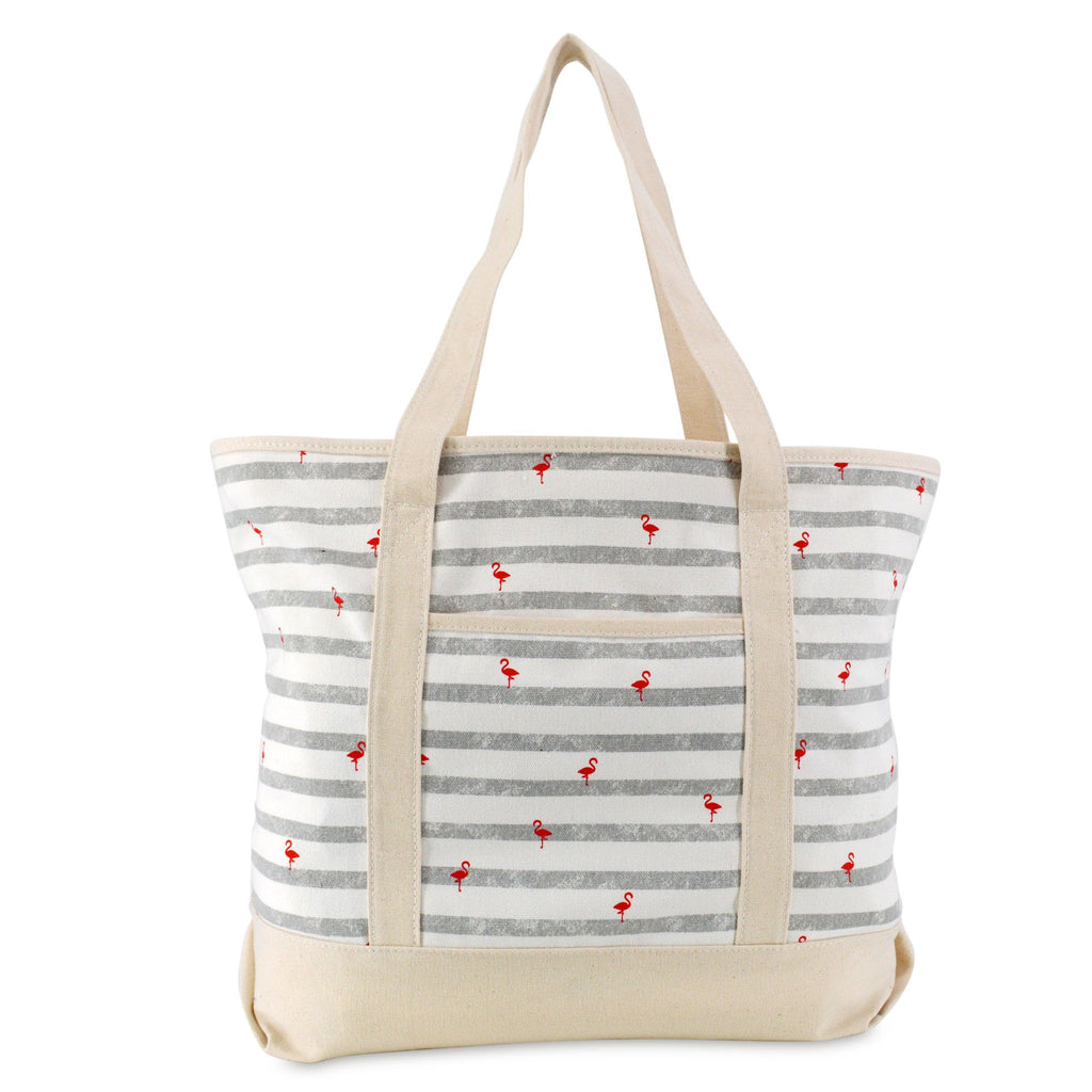 DALIX 22 Shopping Tote Bag in Heavy Cotton Canvas (Zippered Top) Gray Flamingo