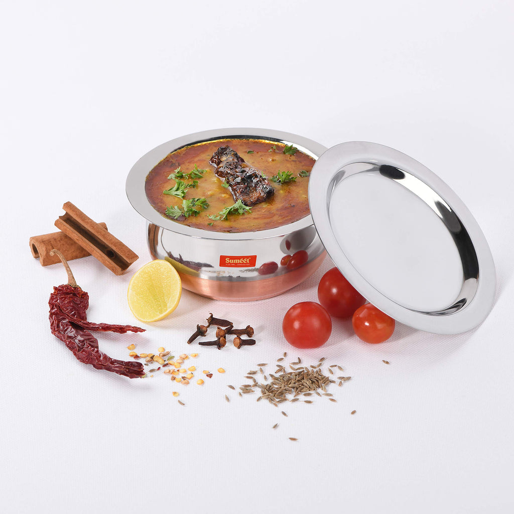 Sumeet Stainless Steel Copper Bottom Belly Shape 2 Pc Tope/Cookware/Pot Set with Lid 1.1 liter, 1.4 liter (Silver)
