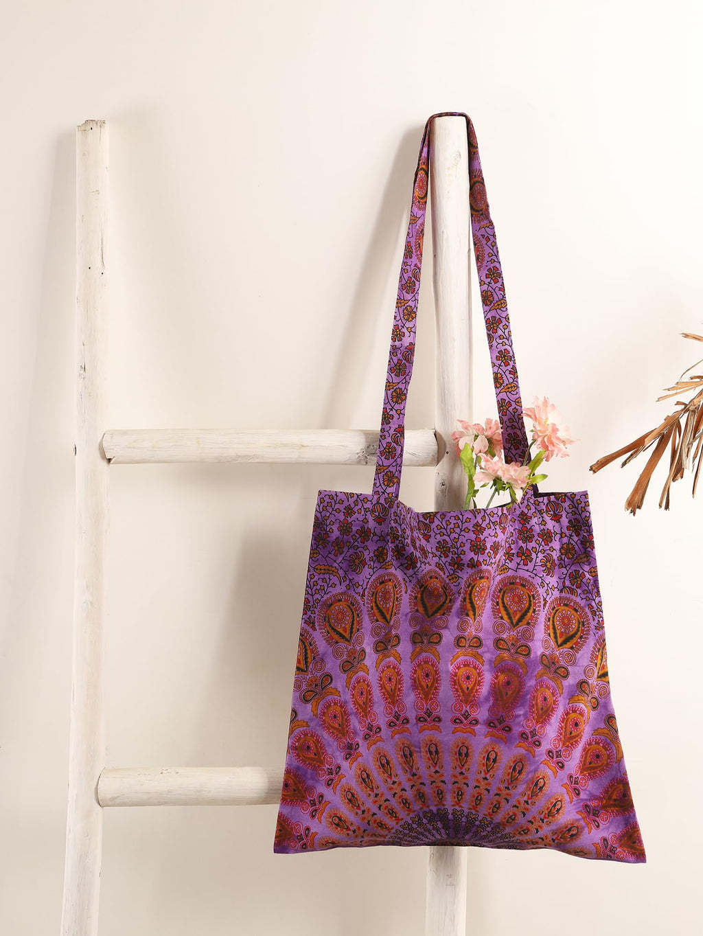 Ravaiyaa - Attitude is everything Cotton Shoulder Bag/Tote Bag For Women| Printed Multipurpose Handbag With Top Zip | Best For Shopping, Travel, Work, Beach, Office, College (Purple Peacock Mandala)