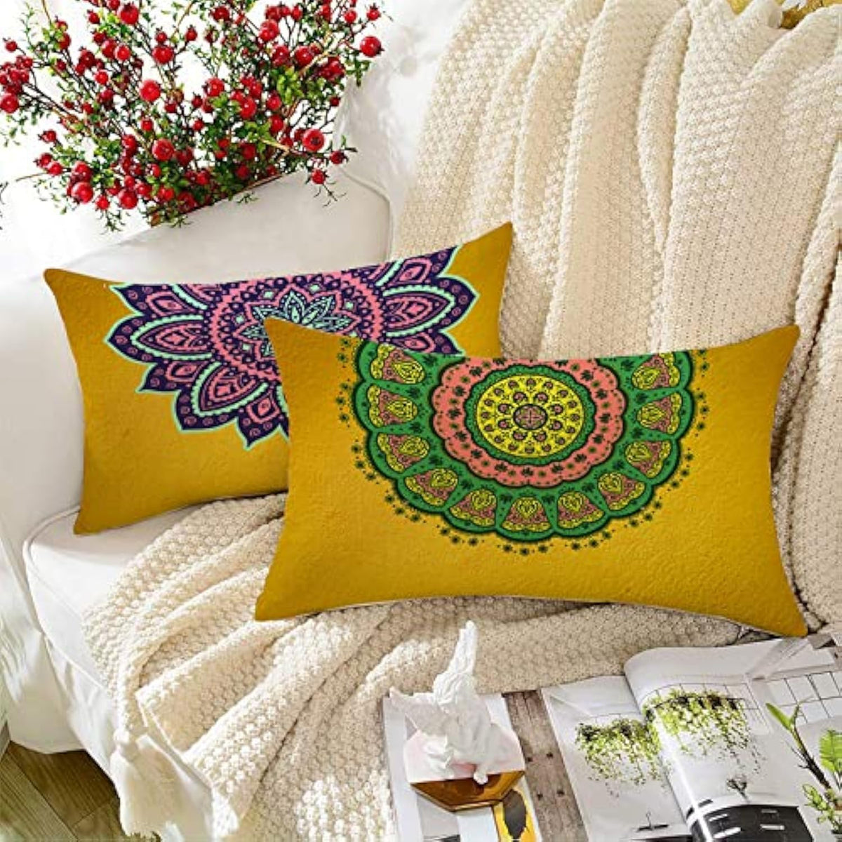 STITCHNEST Set of 2 Gajraj Folk Art Collection Printed Jute Cushion Covers 12x18 Inches | Decorative Throw Pillow Covers for Sofa, Living Room, Bedroom | Perfect for Home Decor