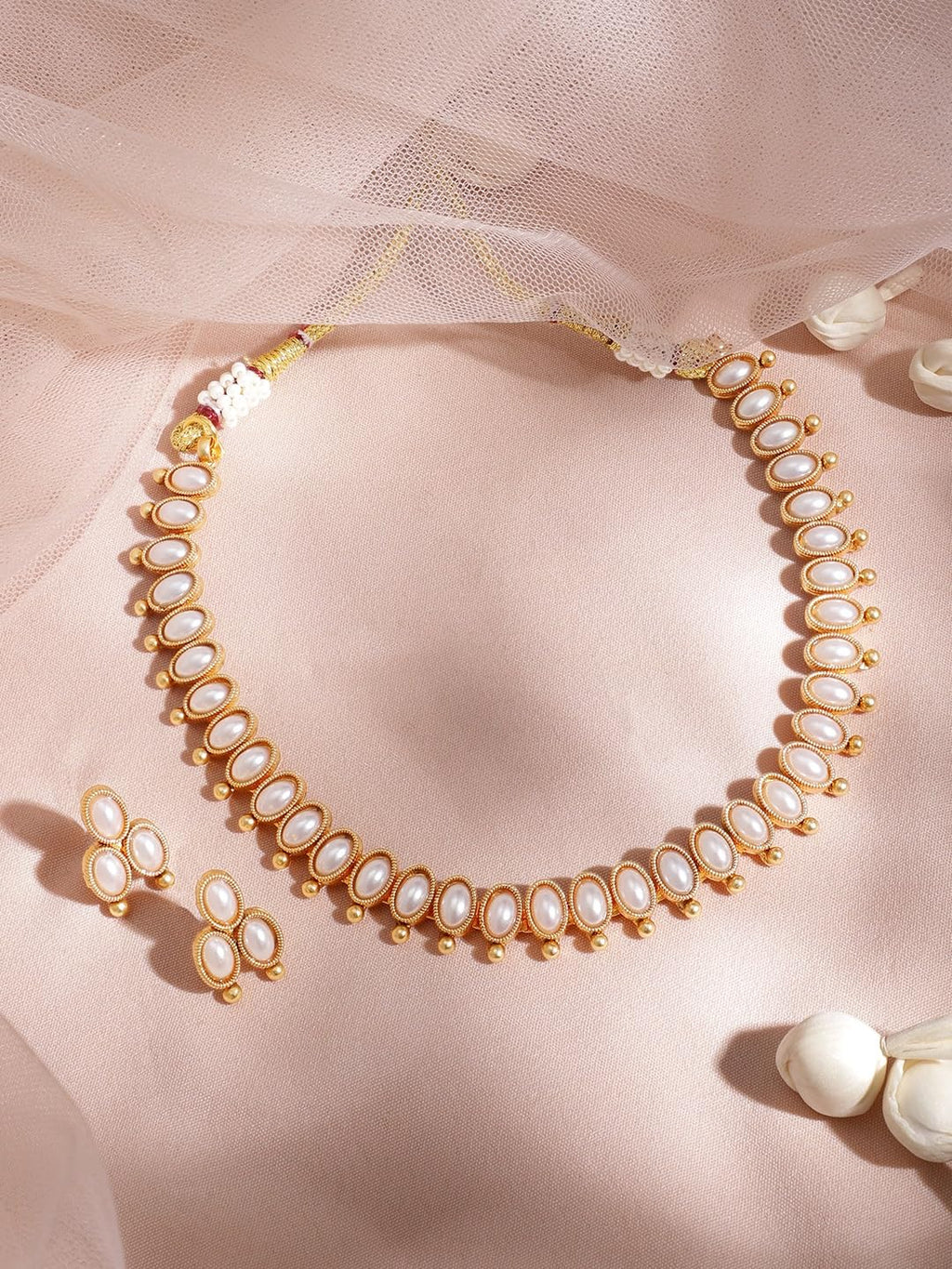 Rubans 22K Gold-Plated Handcrafted Artificial Jewelry Oval Choker Set with Pearl Studded And Matching Earrings For Women and Girls – Perfect for Weddings and Special Occasions