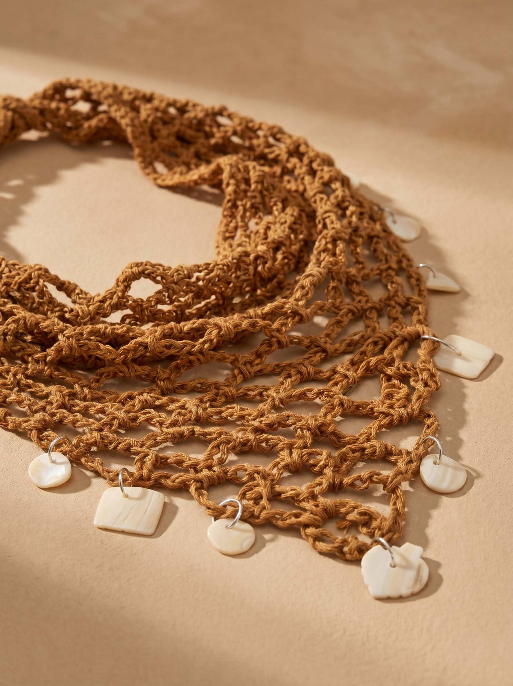 Hair Drama Co. Boho Crochet Scarf with Shell Charms For Women | Small Size Brown Crochet Headscarf | Bohemian Bandana Scarves | Cotton Thread Headband Scarfs for All Seasons