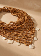 Hair Drama Co. Boho Crochet Scarf with Shell Charms For Women | Small Size Brown Crochet Headscarf | Bohemian Bandana Scarves | Cotton Thread Headband Scarfs for All Seasons