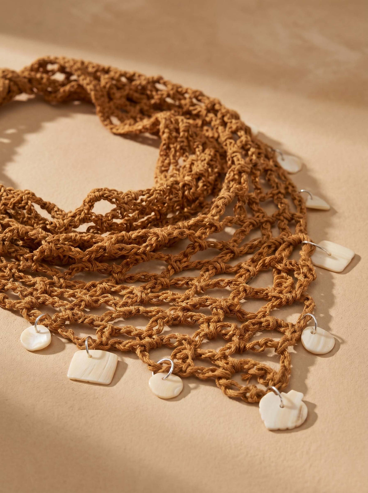 Hair Drama Co. Boho Crochet Scarf with Shell Charms For Women | Small Size Brown Crochet Headscarf | Bohemian Bandana Scarves | Cotton Thread Headband Scarfs for All Seasons