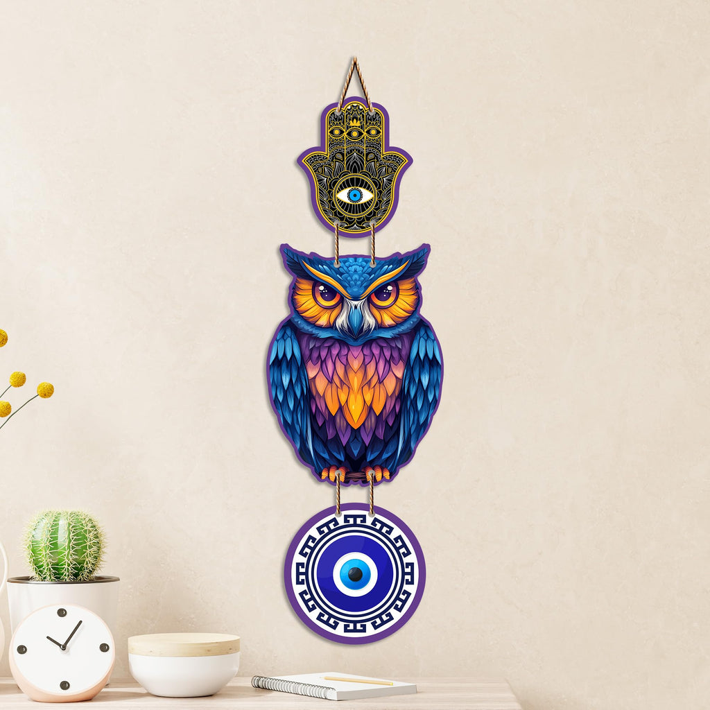 Artvibes Lucky Owl Nazar Battu Wall Hanging for Main Door & Entrance | Evil Eye MDF Decorative Wall Art | Positive Energy Vastu Decor for Living Room | Balcony | Office | Hallway | Gift (WH_8529N)