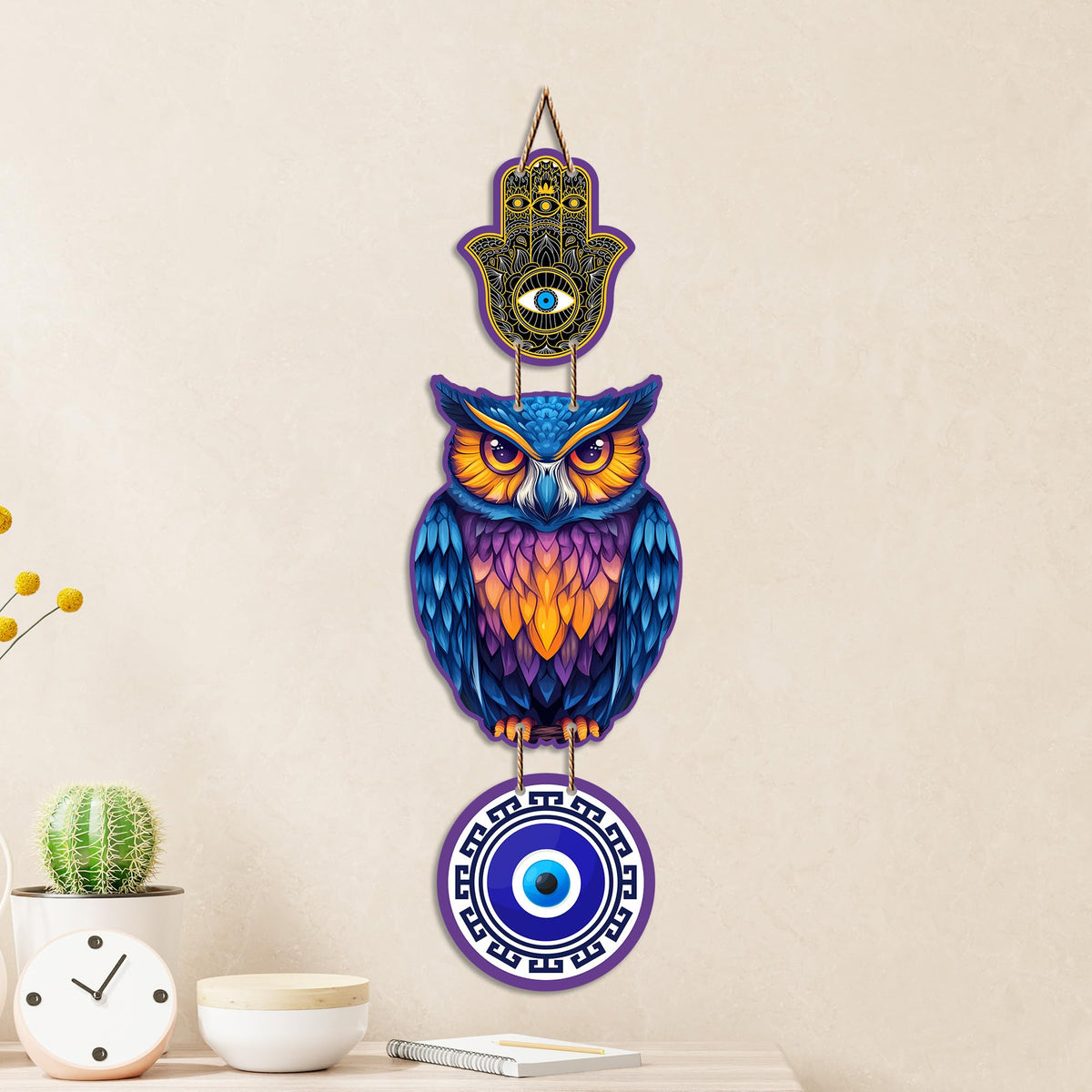 Artvibes Lucky Owl Nazar Battu Wall Hanging for Main Door & Entrance | Evil Eye MDF Decorative Wall Art | Positive Energy Vastu Decor for Living Room | Balcony | Office | Hallway | Gift (WH_8529N)