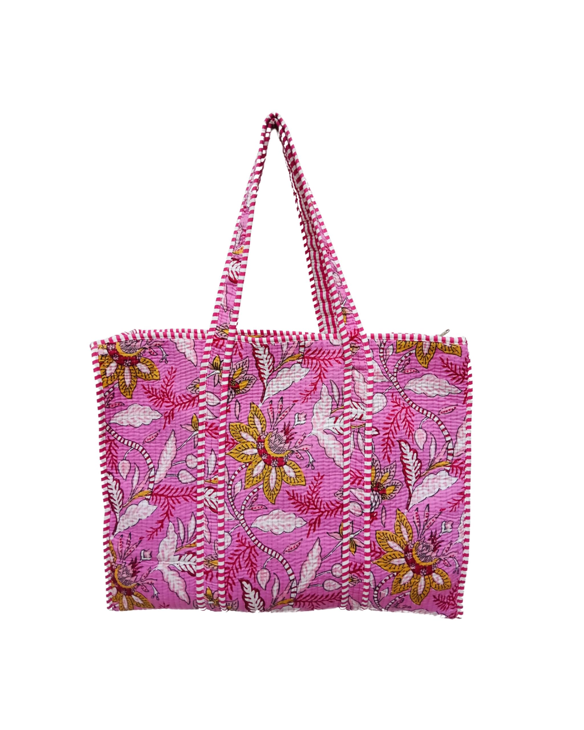Doraya Cotton Printed Tote Bag,Hand Bag Multicolor Quilted Hand Block Floral Printed Women's Carry Bag Shoulder Shopping Tote Bags 18x5.5x16 Inch (Pink 2)