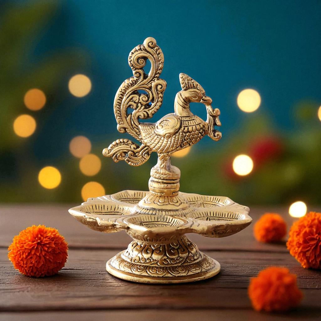 KridayKraft Metal Peacock 5-Wick Diya, 13 cm Aluminium Panch Aarti Oil Lamp/Deepak for Puja Room, Home Mandir, Diwali & Festive Decoration, Antique Gold Finish
