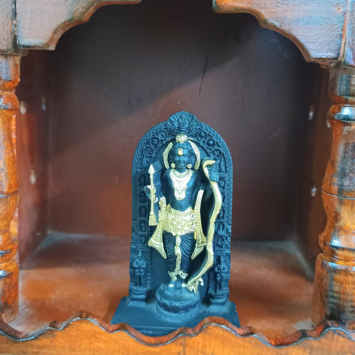 Shri Shri Handicraft Small Wooden Mandir for Home Temple with Marble Ayodhya Ram Lalla Model Idol Home, Wall Mounted Hanging Light Weight, Hindu Deity Statue