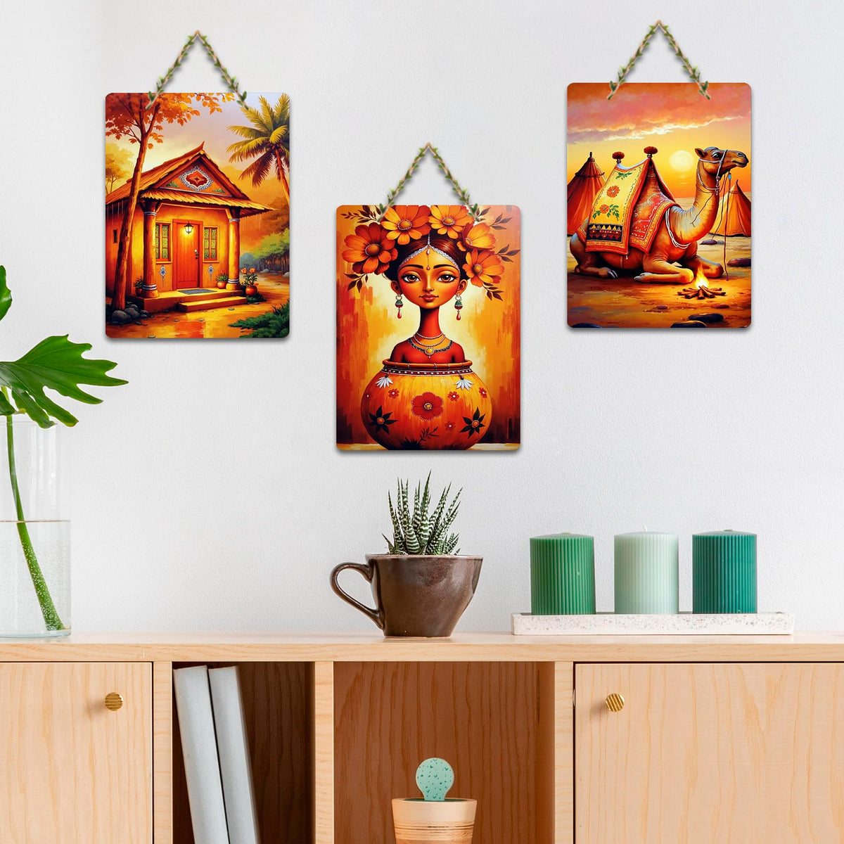 Artvibes Desert Sunset & Village Life Traditional Indian Modern Traditional Indian Art Wooden Art Decoration Item for Living Room | Home Decor | Wall Illustrations | Ideal Gifts (WH_9635N), Set of 3
