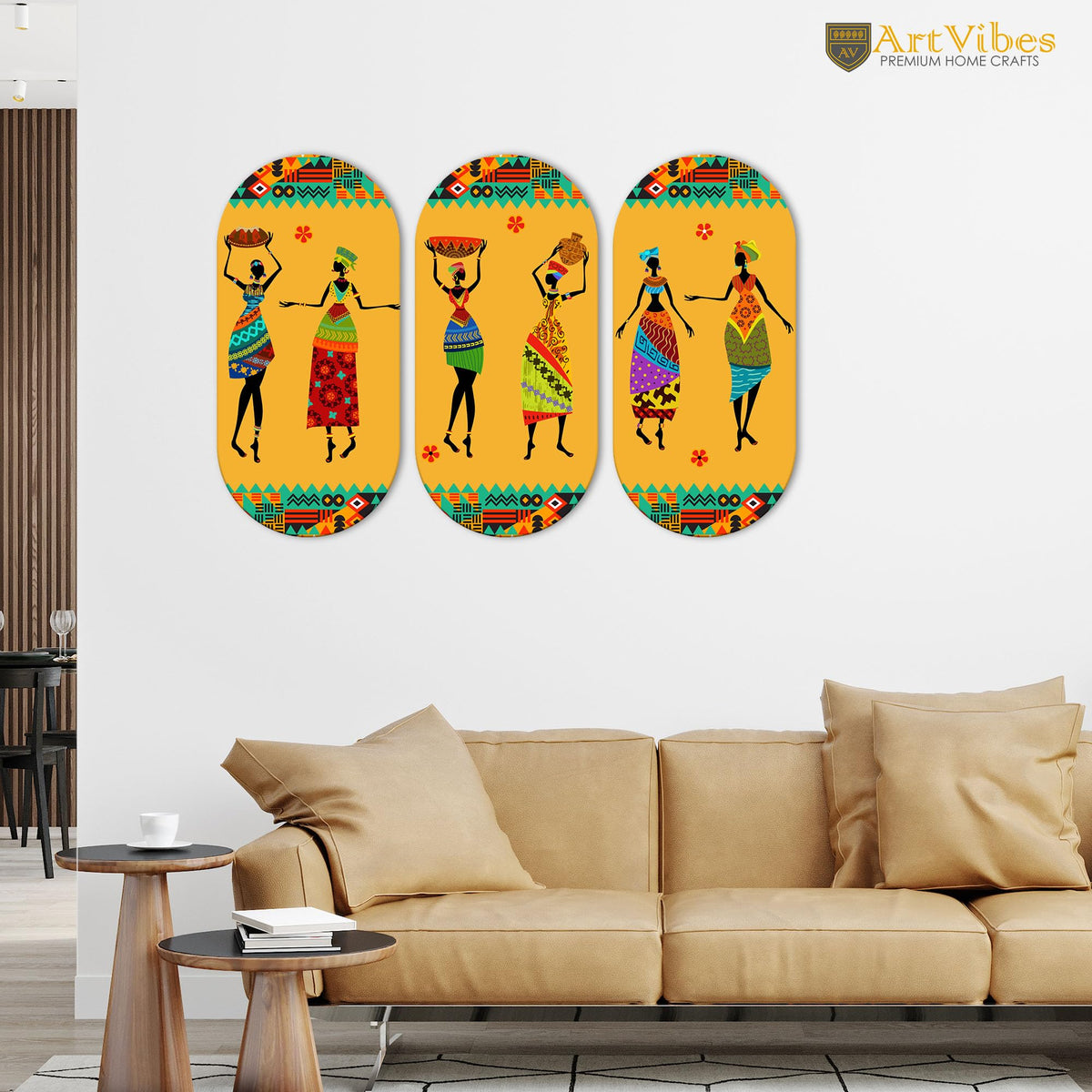 Artvibes African Warli Art Decorative MDF Wooden Wall Art for Home | Living Room | Office | Wall Art Painting For Hall | Graphic Artwork | Aesthetic Wooden Decor | Ideal Gifts (WH_9018N), Set of 3