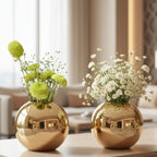 BEHOMA Metal Ball Round Metal Vase Set, Gold - Set of 2