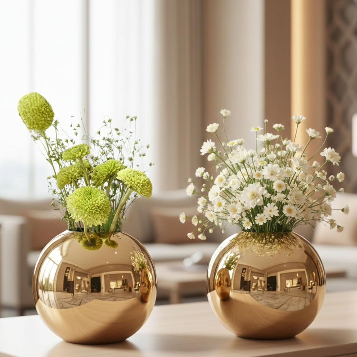 BEHOMA Metal Ball Round Metal Vase Set, Gold - Set of 2