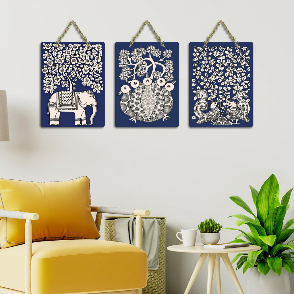 Artvibes Elephant Peacock Madhubani Art Home Wooden Art Decoration Item for Home | Modern Decoration Items | Handcrafted Art | Wall Poster | Aesthetic Wall Hanging | Unique Gift (WH_96175N), Set of 3