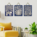 Artvibes Elephant Peacock Madhubani Art Home Wooden Art Decoration Item for Home | Modern Decoration Items | Handcrafted Art | Wall Poster | Aesthetic Wall Hanging | Unique Gift (WH_96175N), Set of 3