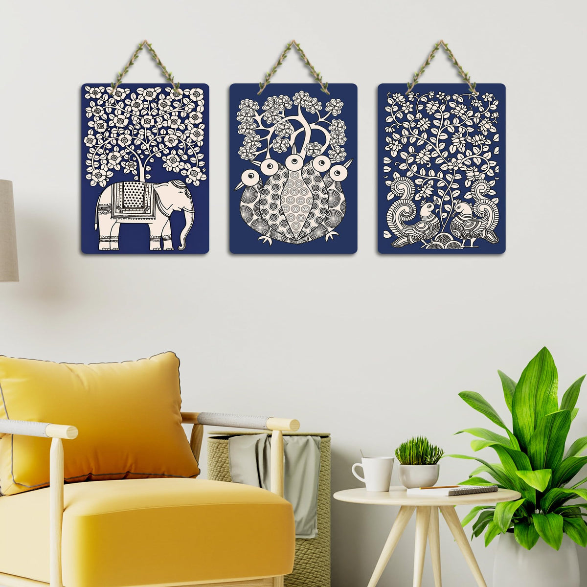 Artvibes Elephant Peacock Madhubani Art Home Wooden Art Decoration Item for Home | Modern Decoration Items | Handcrafted Art | Wall Poster | Aesthetic Wall Hanging | Unique Gift (WH_96175N), Set of 3