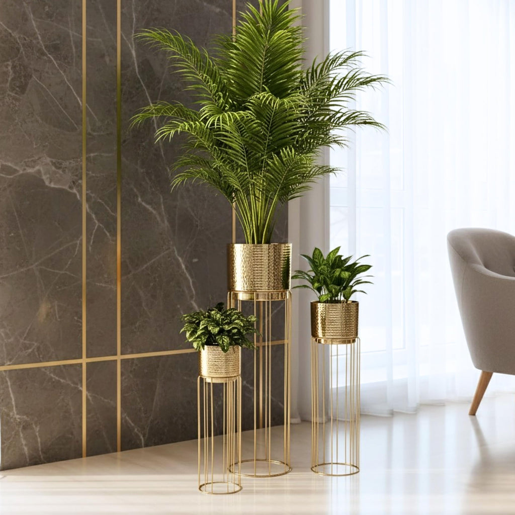 BEHOMA Gold Metal Floor Planters with Stand, Set of 3 - Living Room