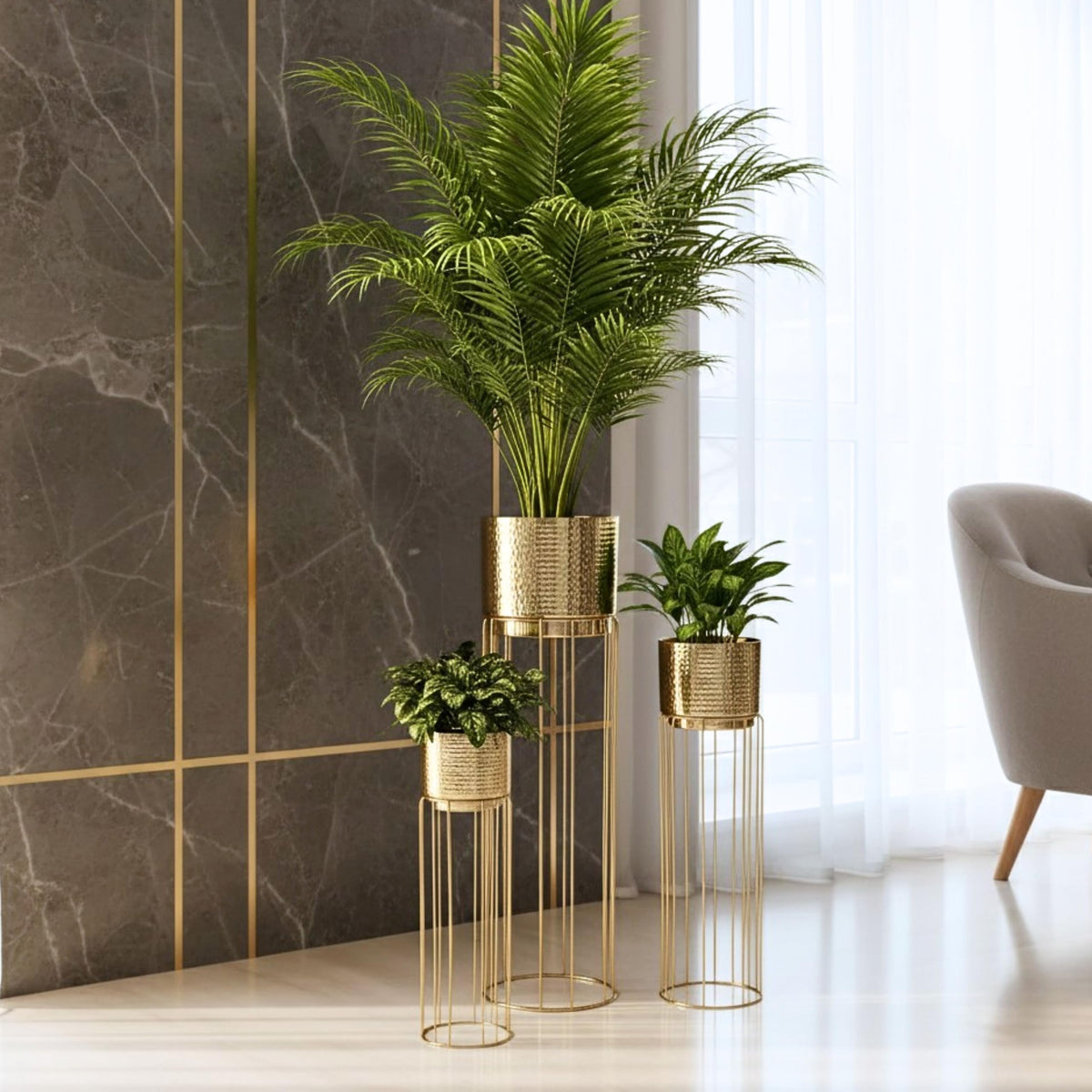 BEHOMA Gold Metal Floor Planters with Stand, Set of 3 - Living Room