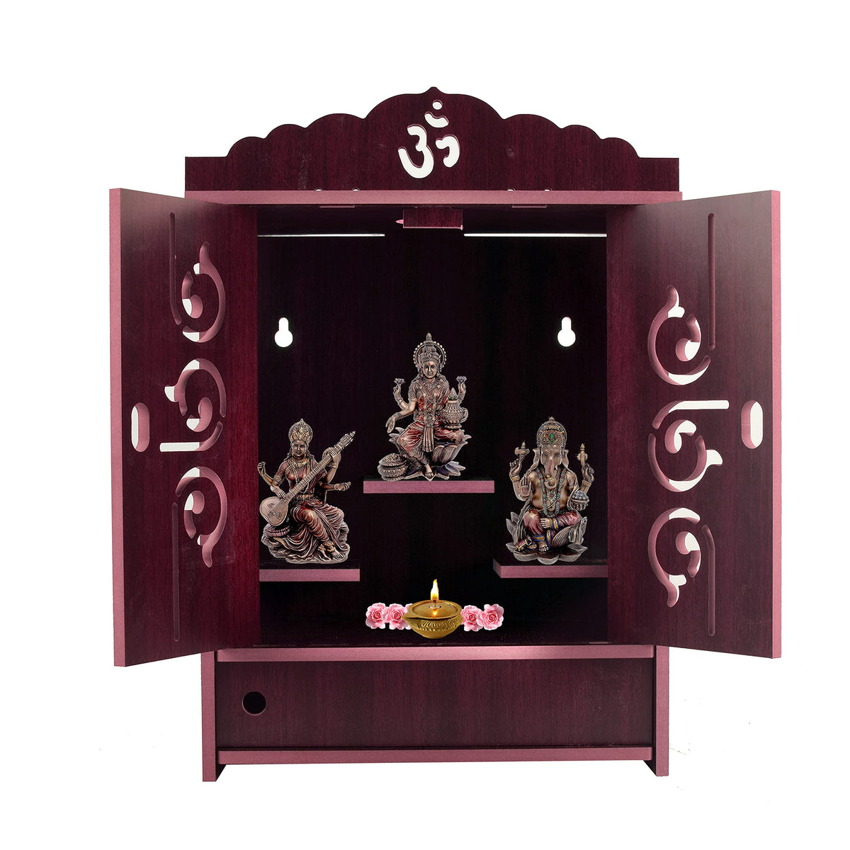 Crazyink Handmade Wooden Home Temple with Doors and Storage Box. - (Maroon)