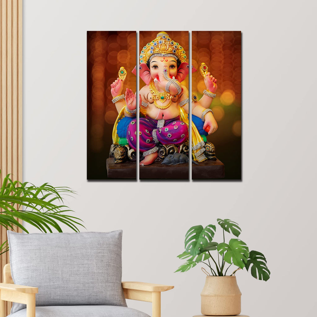 VIBECRAFTS 3 Pieces Shree Ganesha Canvas Wall Painting Fitted With Wooden Frame For Home | Office | Living Room | Gifts (PTVC3Pcs1_9568)