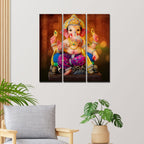 VIBECRAFTS 3 Pieces Shree Ganesha Canvas Wall Painting Fitted With Wooden Frame For Home | Office | Living Room | Gifts (PTVC3Pcs1_9568)