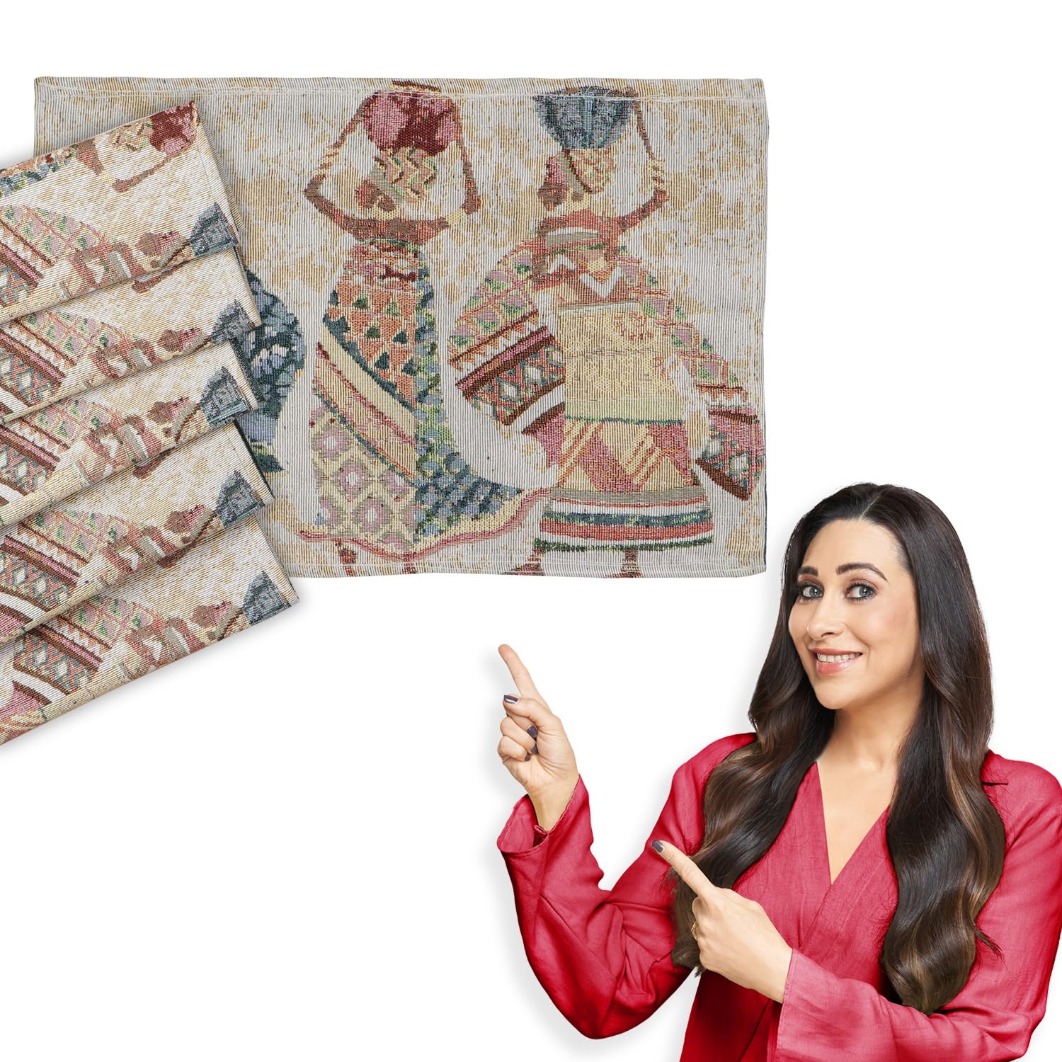 HOKIPO Cotton Jacquard Placemats Set of 4 (12x18 Inches) (IN-530-D3*4) Multicolor Tribal Women Kafalo