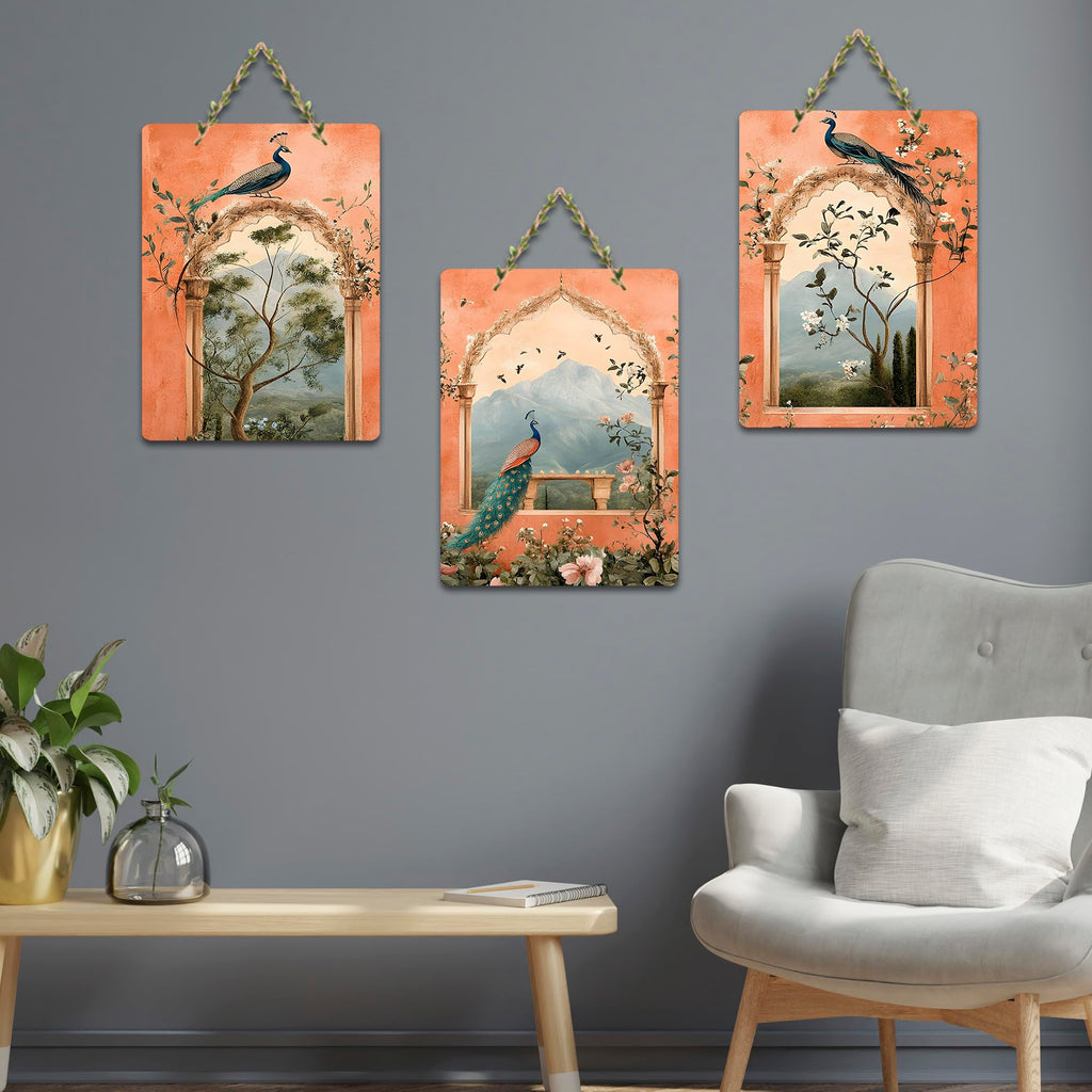 Artvibes Peacock for Bedroom Wall Decor Decorative Wall Hanging Ornaments | Wall Sculpture | Signs & Plaques | Handcrafted Art | Wall Art Print | Art For Wall | Unique Gift Items (WH_96104N), Set of 3