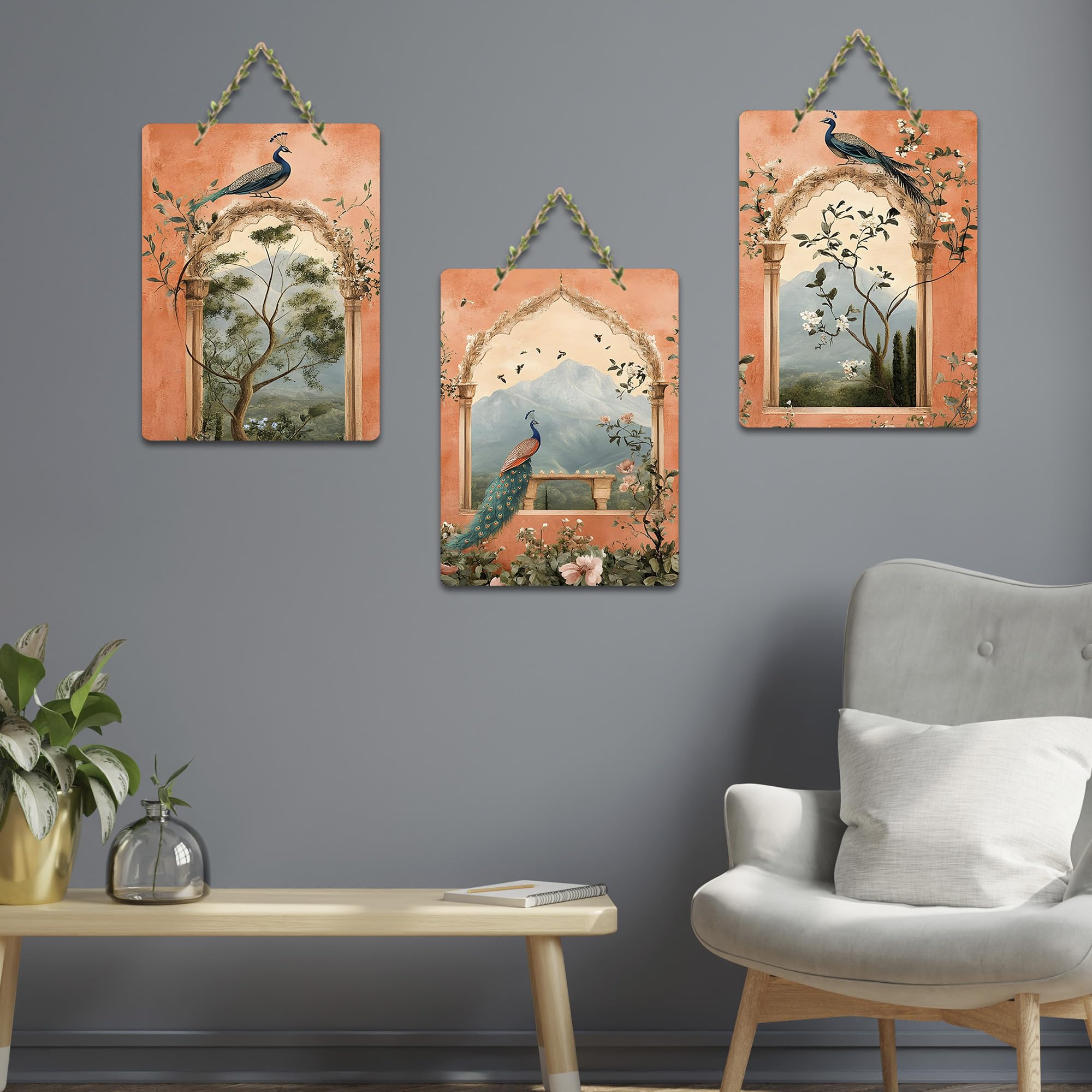 Artvibes Peacock for Bedroom Wall Decor Decorative Wall Hanging Ornaments | Wall Sculpture | Signs & Plaques | Handcrafted Art | Wall Art Print | Art For Wall | Unique Gift Items (WH_96104N), Set of 3