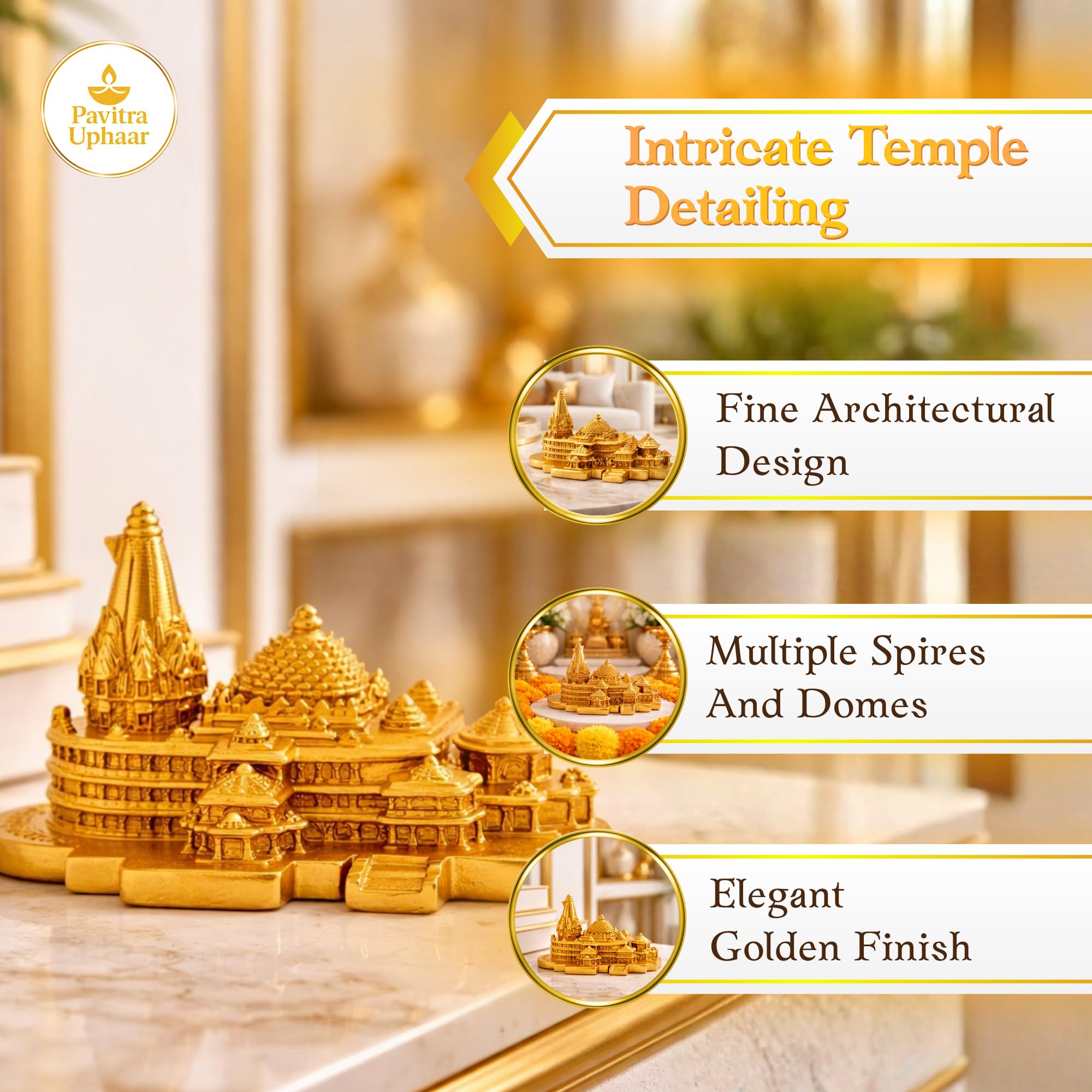 Pavitra Uphaar Ram Mandir Temple Idol | Gold Plated Sacred Ayodhya Ram Mandir | 20 cm Long Pooja & Home Décor
