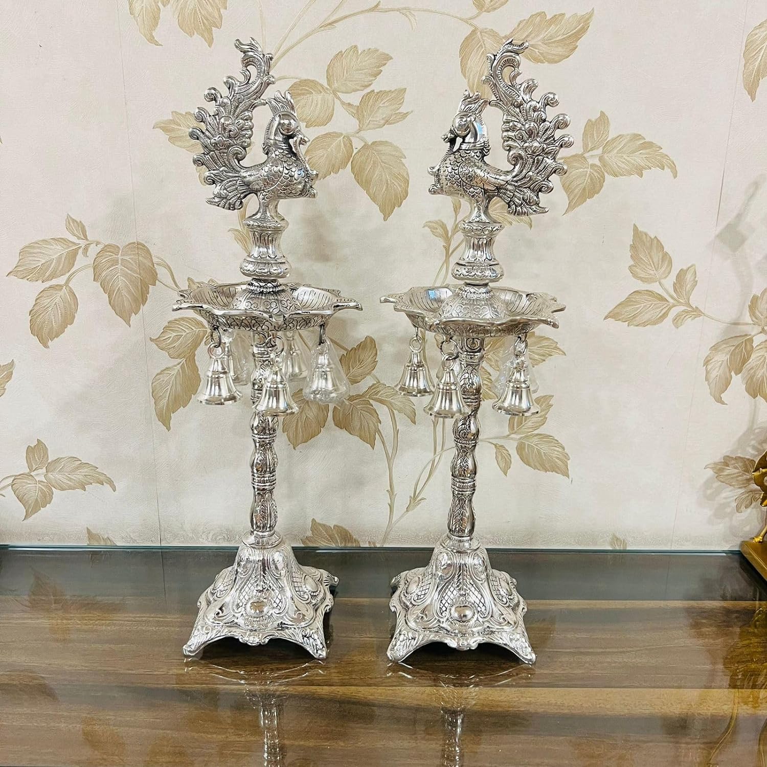 INTERNATIONAL GIFT Silver Plated Large Jyot with Peacock Showpiece | Puja Mandir | Decoration Room