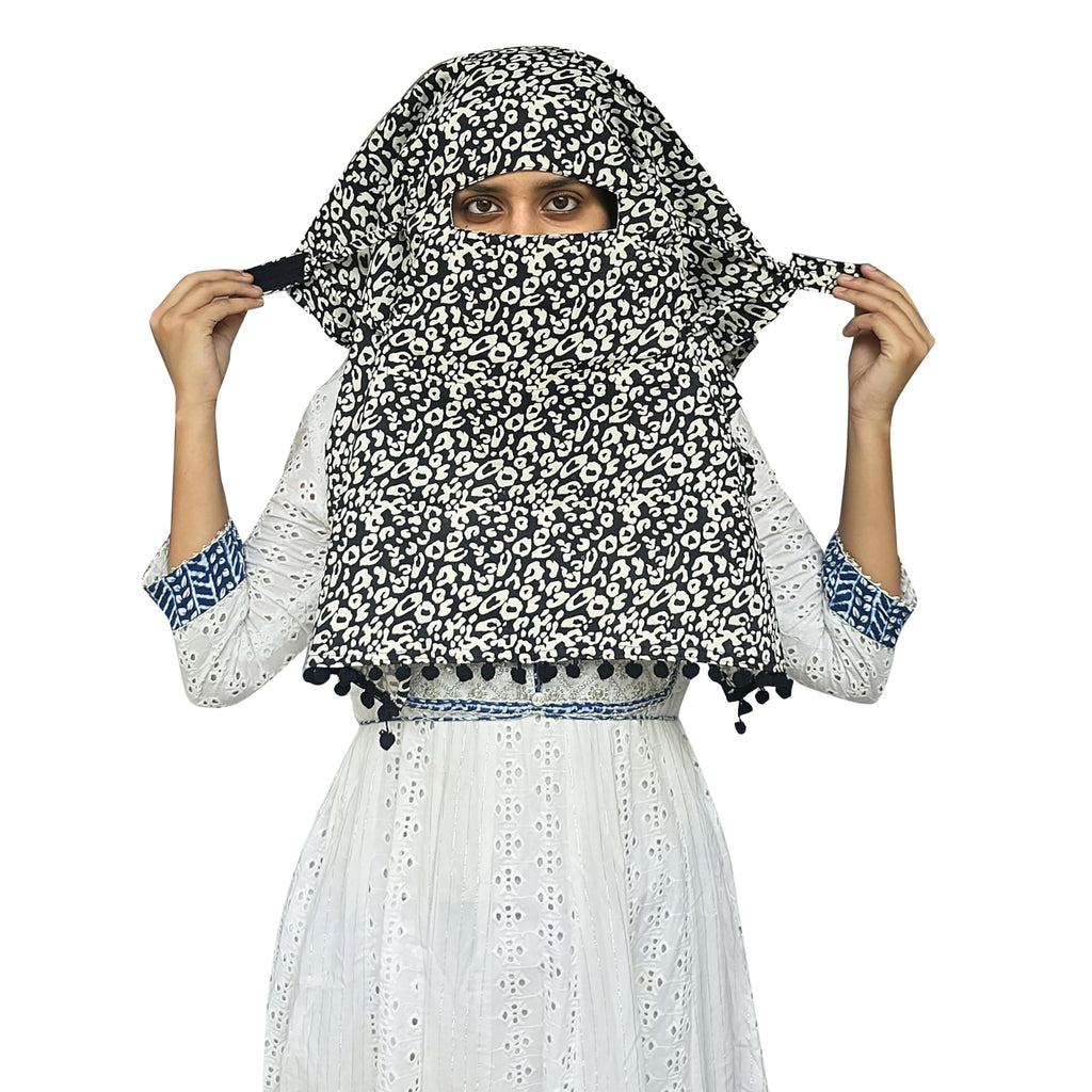 Switchon Scarf Hijab Rayon Printed fancy scarf for women Size Adjustable -Hook loop tape- For 10 yrs and above (Black_Off-white)