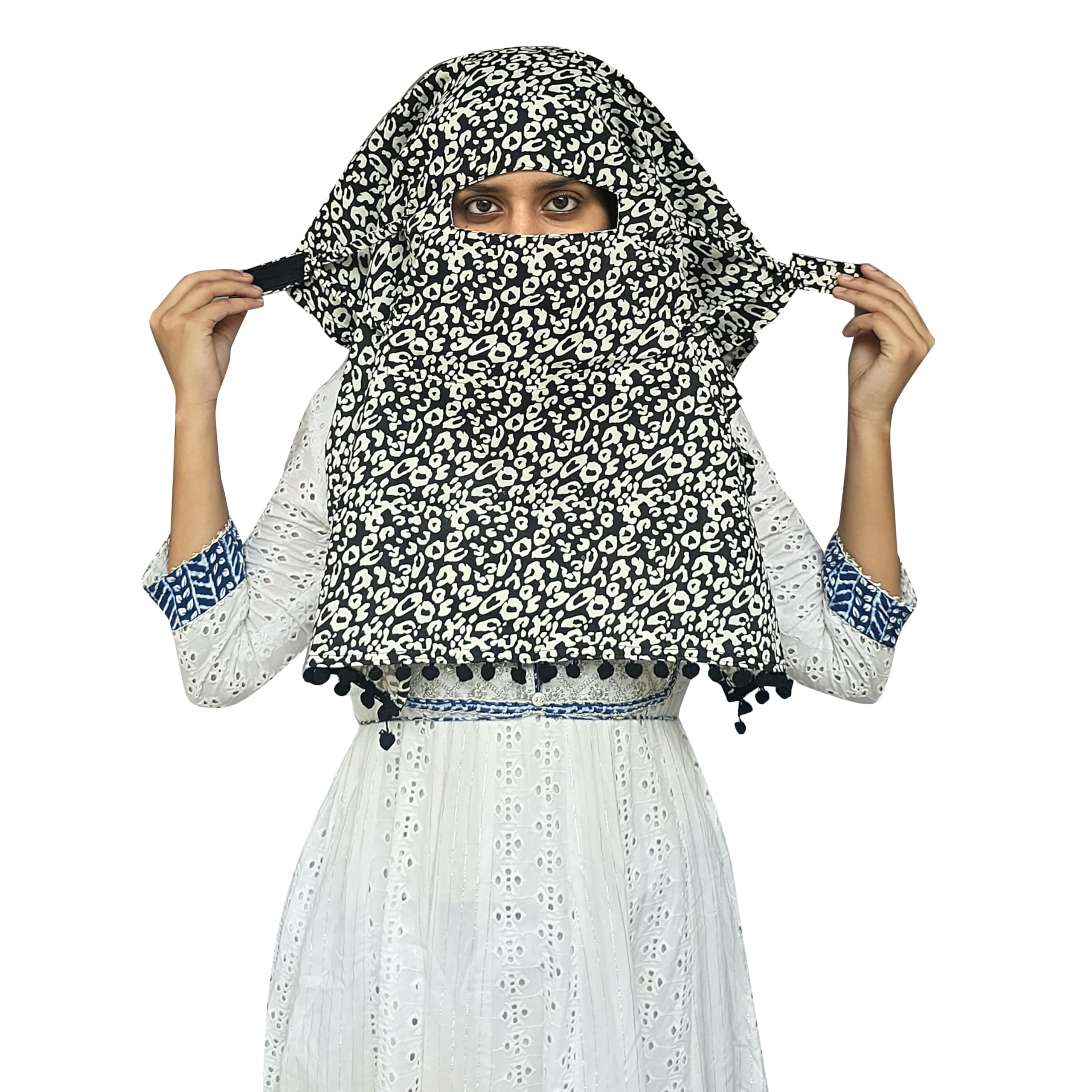 Switchon Scarf Hijab Rayon Printed fancy scarf for women Size Adjustable -Hook loop tape- For 10 yrs and above (Black_Off-white)
