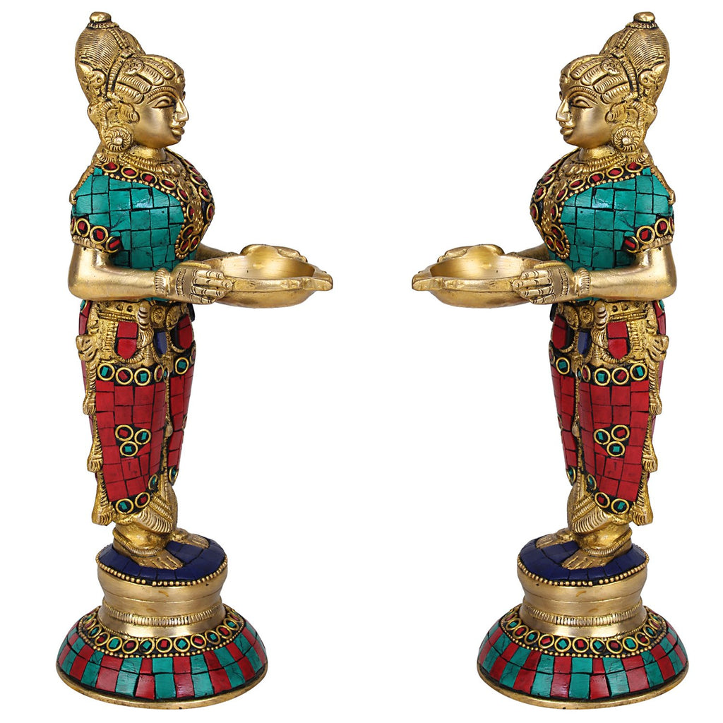 ARTVARKO Brass Laxmi Vilakku Diya Welcome Lady Pair 9 Inch | Deepalakshmi Oil Lamp Set of 2 for Pooja Room, Home Temple, Diwali Decoration & Spiritual Home Décor