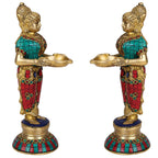 ARTVARKO Brass Laxmi Vilakku Diya Welcome Lady Pair 9 Inch | Deepalakshmi Oil Lamp Set of 2 for Pooja Room, Home Temple, Diwali Decoration & Spiritual Home Décor