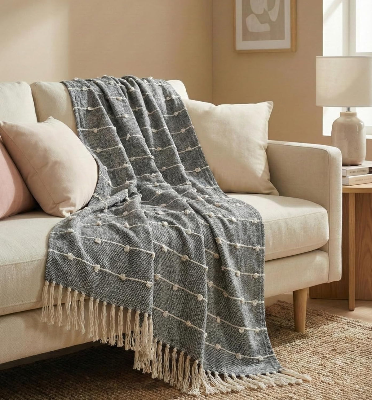 Pastel Colors Hand Tufted Cotton Throw Blanket with Fringed Edges | Decorative Sofa & Couch Throw for Living Room & Bedroom | Soft Lightweight Accent Blanket for Home Décor (Charcoal Grey Tassel) Kafalo